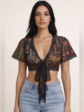 Sheer Multicolor Lace Tie-Front Crop Top – Size Small (Boho Festival Vibe)